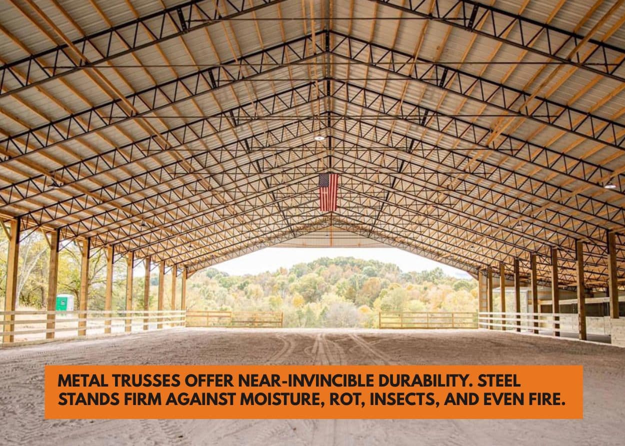 Metal trusses offer near-invincible durability. Steel stands firm against moisture, rot, insects, and even fire.