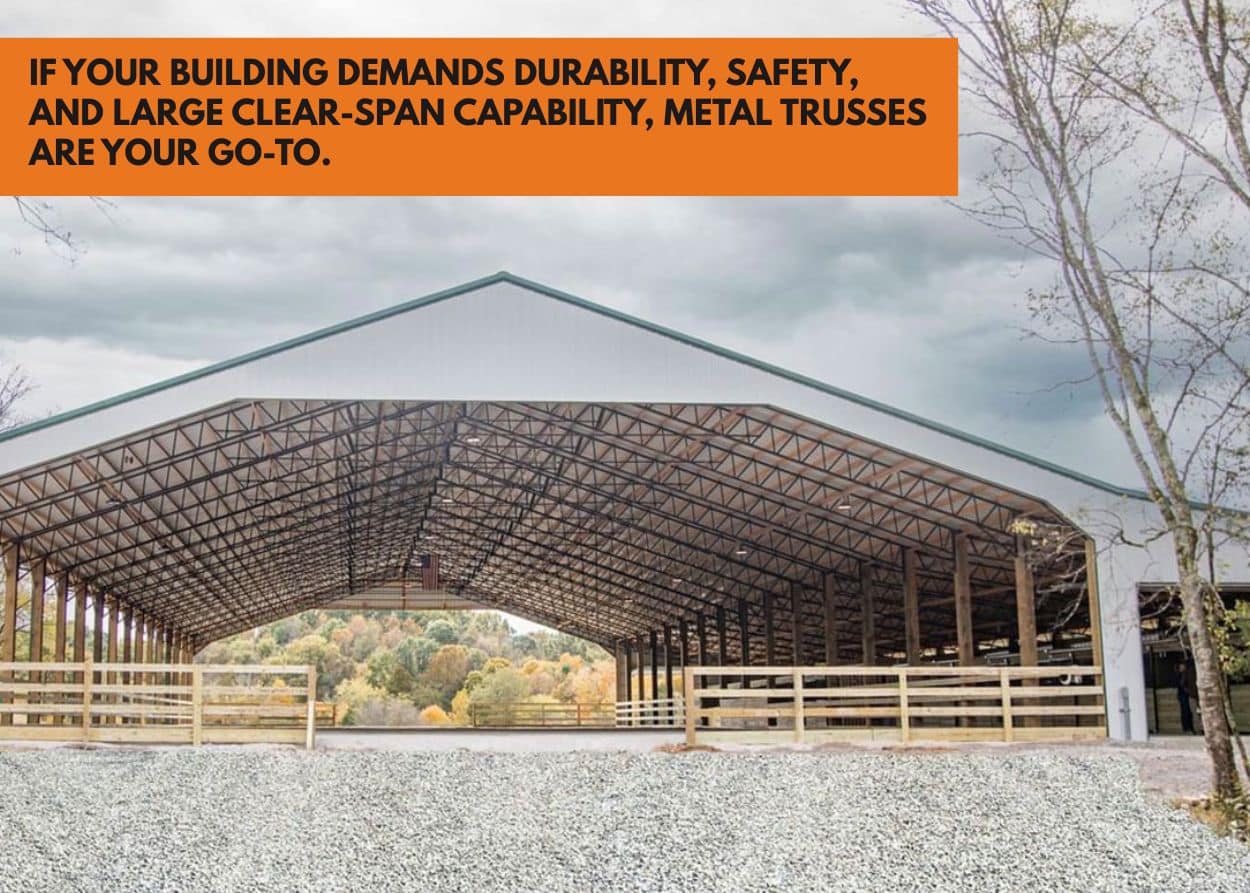 if your building demands durability, safety, and large clear-span capability, metal trusses are your go-to.