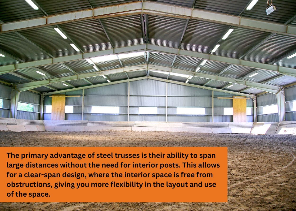 Interior of a large indoor riding arena with steel trusses and open clear-span design.