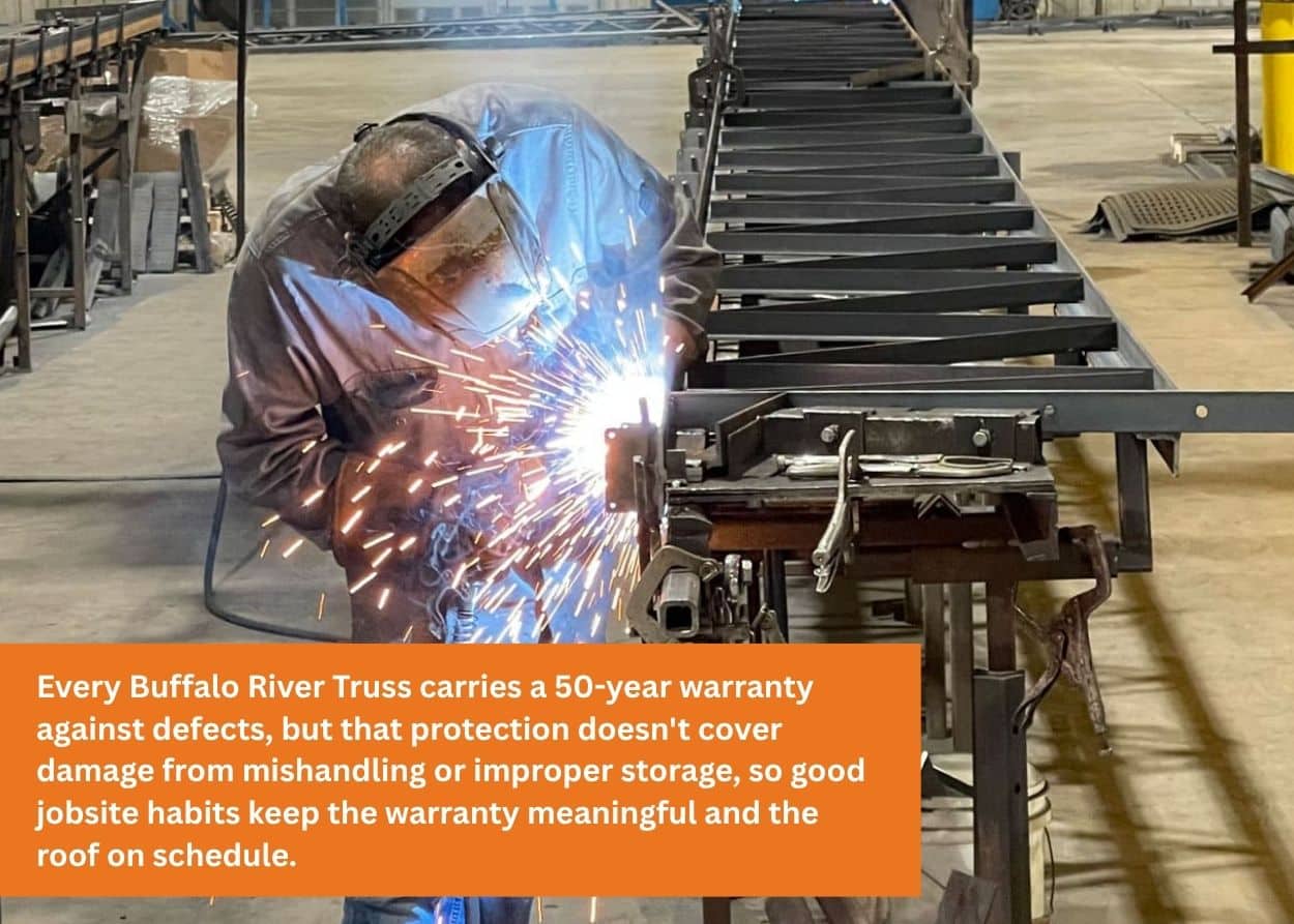 Buffalo River Truss welders manufacturing steel trusses backed by a 50-year warranty