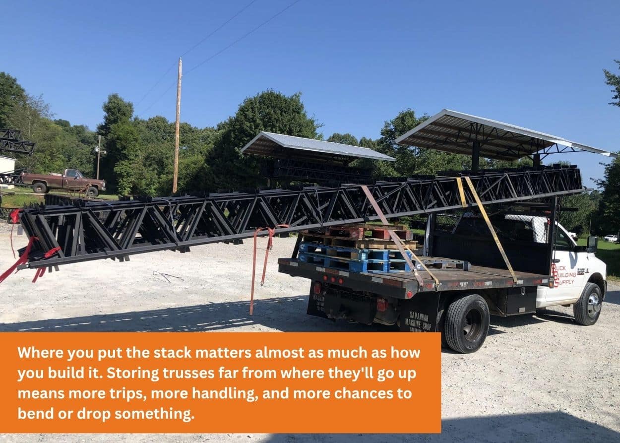 Steel trusses loaded onto a flatbed truck for delivery and reduced jobsite handling